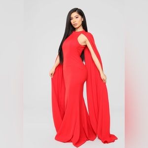 Fashionova red cape maxi hi neck gown size large formal prom gala EUC worn once